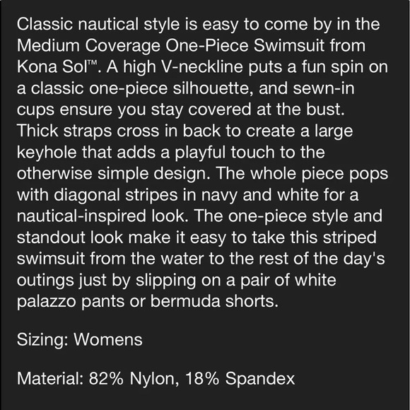 NWOT Kona Sol Size Large Nautical Stripe One Piece Swimsuit Medium Coverage Navy - Picture 4 of 5
